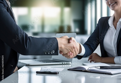 Two people shaking hands in agreement, professional setting, created with AI