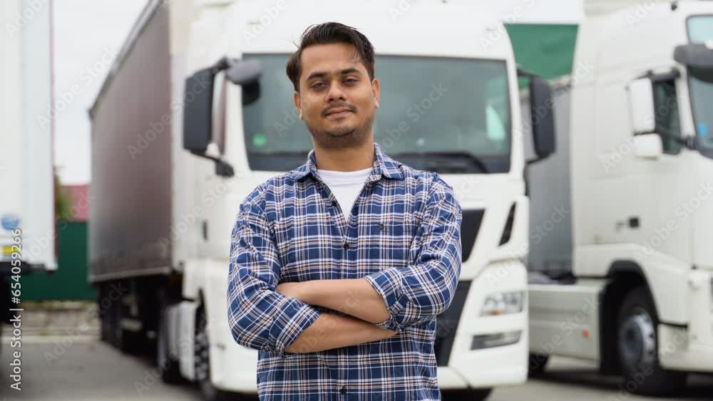 Indian truck driver standing with arms crossed on truck parking lot and looking at camera. Asian trucker driving truck Indian truck driver standing with arms crossed on truck parking lot and looking at camera. Asian trucker driving truck