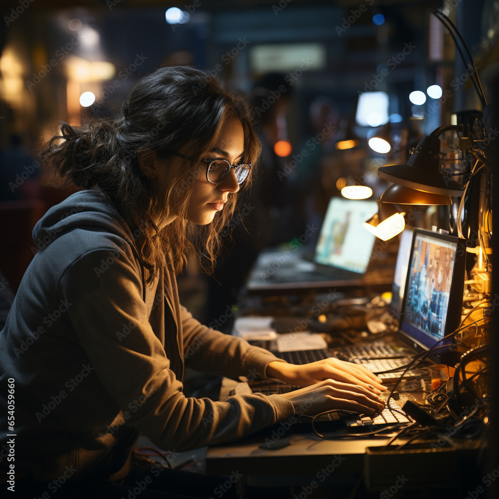 Young girl programmer writing code on the keyboard, in the office space at night. Young girl programmer writing code on the keyboard, in the office space at night.