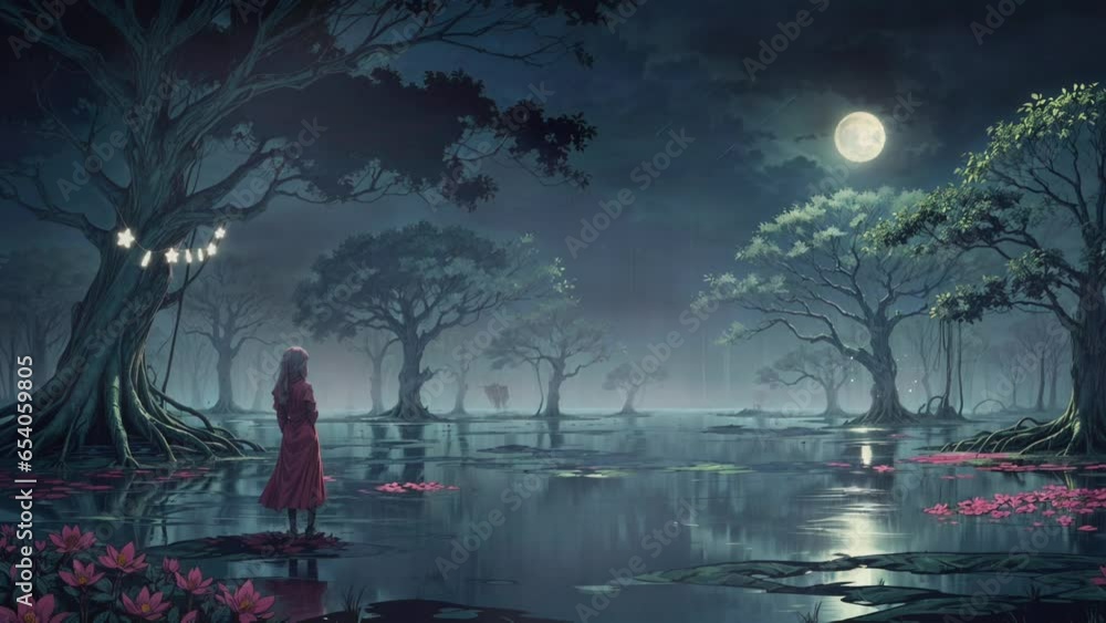 landscape a woman stands on the edge of a swamp at night and looks at the moonlight landscape a woman stands on the edge of a swamp at night and looks at the moonlight