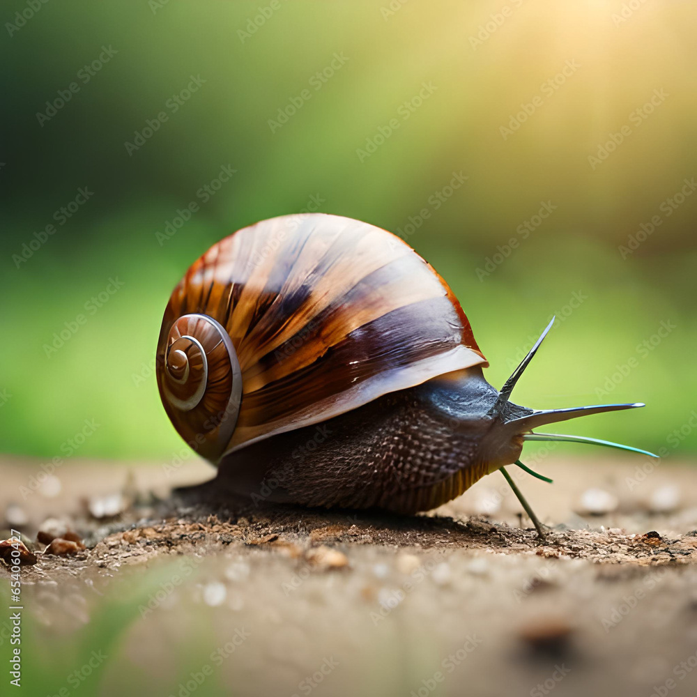Big snail crowls to the grass with drops of dew in the summer forest. Closeup of a garden snail in shell crowling on the dirt road to the grass in sunlight Big snail crowls to the grass with drops of dew in the summer forest. Closeup of a garden snail in shell crowling on the dirt road to the grass in sunlight