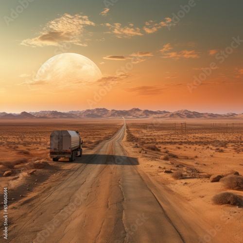 Container trucks run on barren sandy roads with planets in the sky as a backdrop, good for business, social media, decoration, shipping services, import-export transportation. Generative Ai Images