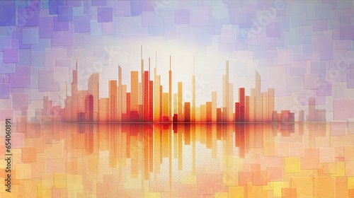 AI-generated illustration of a generic orange city skyline with a gradient blue-orange background. MidJourney.