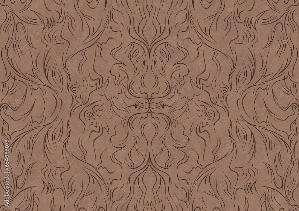 Hand-drawn unique abstract symmetrical seamless ornament. Brown on a light brown background. Paper texture. Digital artwork, A4. (pattern: p11-1a) Hand-drawn unique abstract symmetrical seamless ornament. Brown on a light brown background. Paper texture. Digital artwork, A4. (pattern: p11-1a)