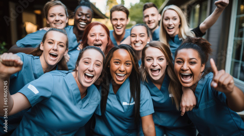 A Diverse Team of Students in Nurse Uniforms Celebrates with Joy