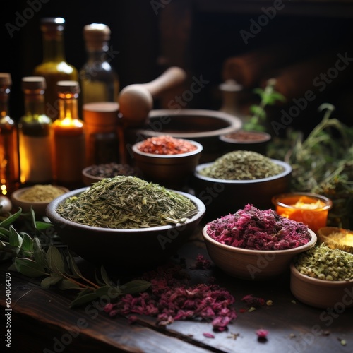 Herbal organic medicines from plant extracts of ginger  turmeric  galangal etc. to heal traditionally. Great for nutrition  immune  business  herbal companies  health blogs etc. Image of generative Ai