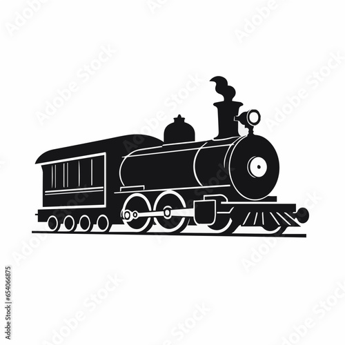 Simple 2d black silhouette Vintage , black accents, flat, sharper, white background, vector , train