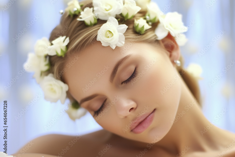 Young woman in spa salon lying on massage table and enjoying aroma therapy.. Beautiful young woman having facial mask in spa salon. Beauty treatment concept.