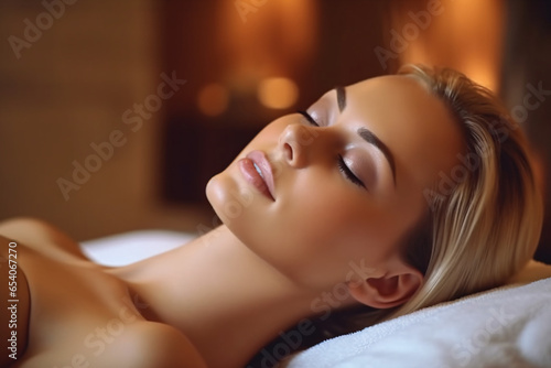 Young woman in spa salon lying on massage table and enjoying aroma therapy.. Beautiful young woman having facial mask in spa salon. Beauty treatment concept.