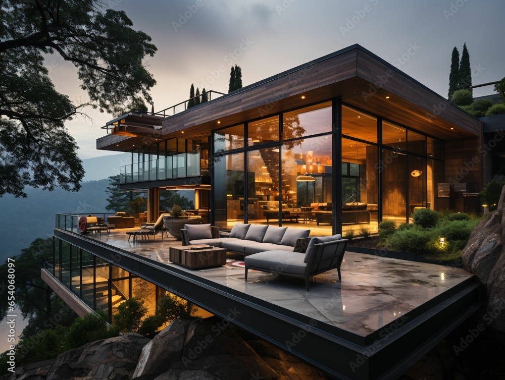 Obraz premium Luxury and Minimalist Villa Exterior View with Dusk Landscape. Fancy Villa with Sofa