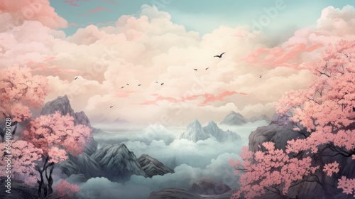 A pretty, peaceful backdrop with soft colors and open space. Generative AI. 