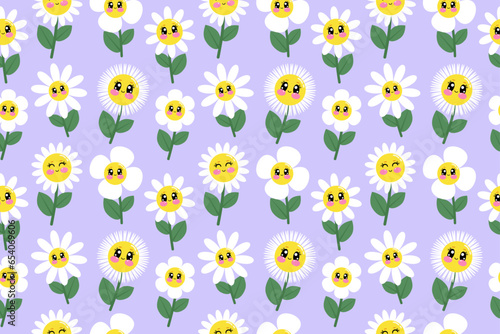 Cute seamless pattern with kawaii daisy, chamomile. Vector illustration cartoon flowers