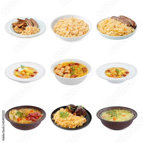 Set with dishes of sauerkraut isolated on white