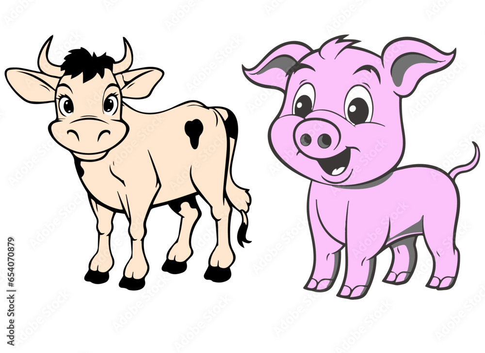 Fototapeta premium Charming Cow and Pig Cartoon Vector Artwork