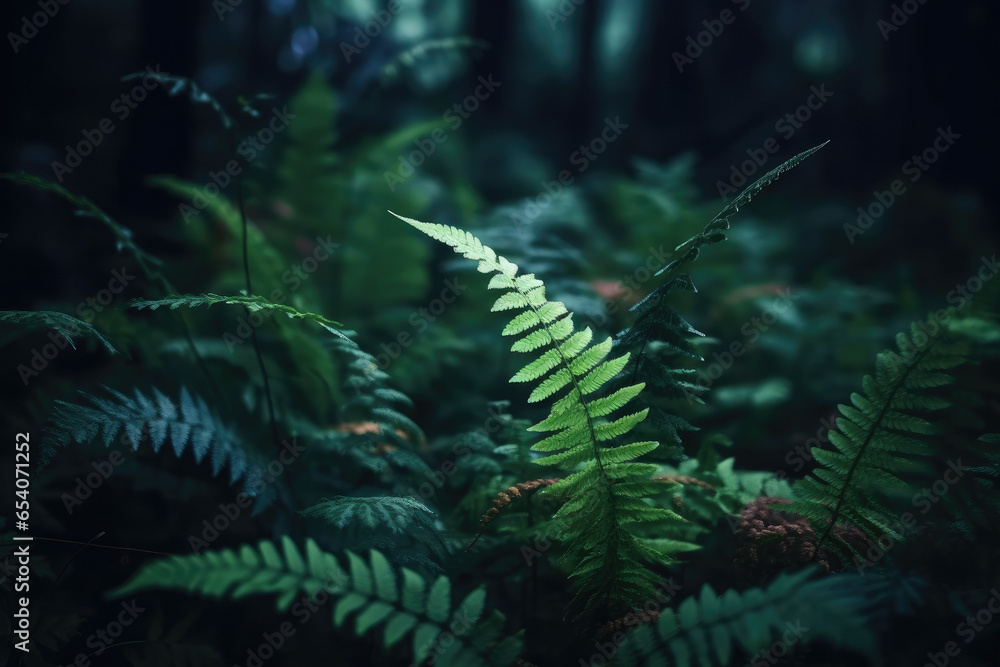 A beautiful fern tree in the dark damp rainforest of New Zealand, or Norway, or Argentina — close up cinematic grainy photography style