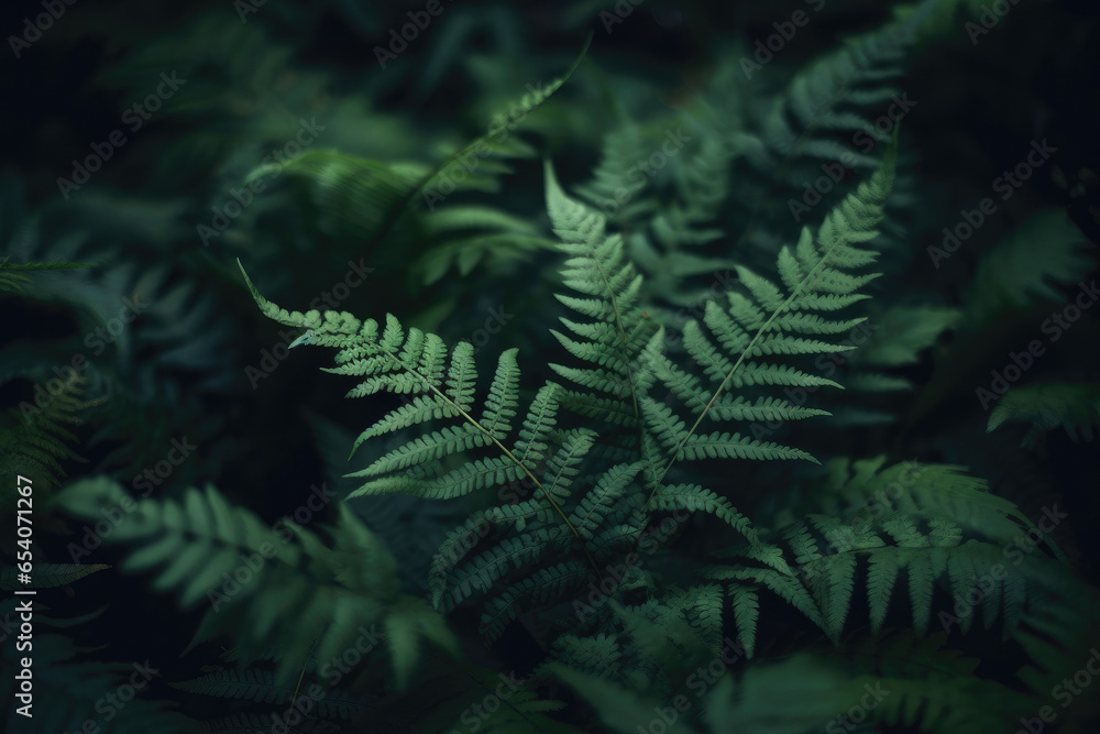 Fototapeta A beautiful fern tree in the dark damp rainforest of New Zealand, or Norway, or Argentina — close up cinematic grainy photography style
