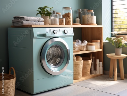 modern washing machine in tosca color theme in laundry room