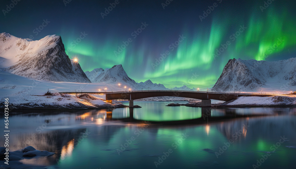 Aurora Borealis Bridge: Winter Night in Lofoten Islands, Norway