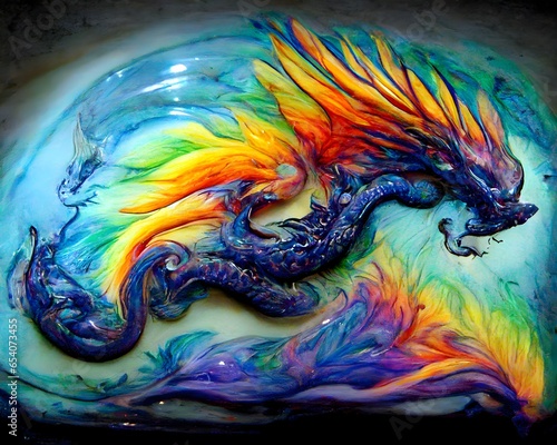 beautiful pattern of ranbow colored dragon on liquid marble surreal  photo