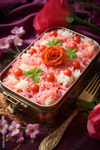 Pink Rice meal with tomatoes and roses served on the table