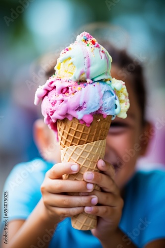 Photo of a happy little girl enjoying a delicious rainbow coloured ice cream cone created with Generative AI technology