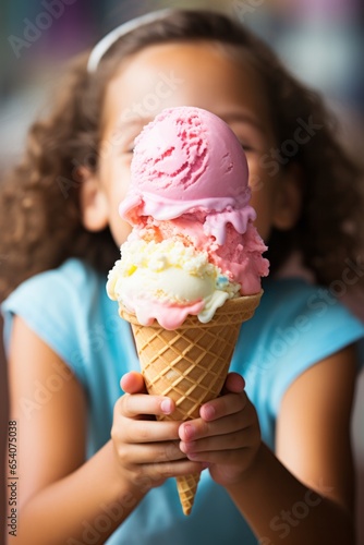 Photo of a happy little girl enjoying a delicious rainbow coloured ice cream cone created with Generative AI technology
