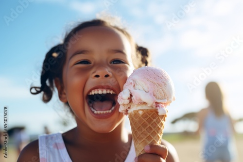 Photo of a happy little girl enjoying a delicious rainbow coloured ice cream cone created with Generative AI technology