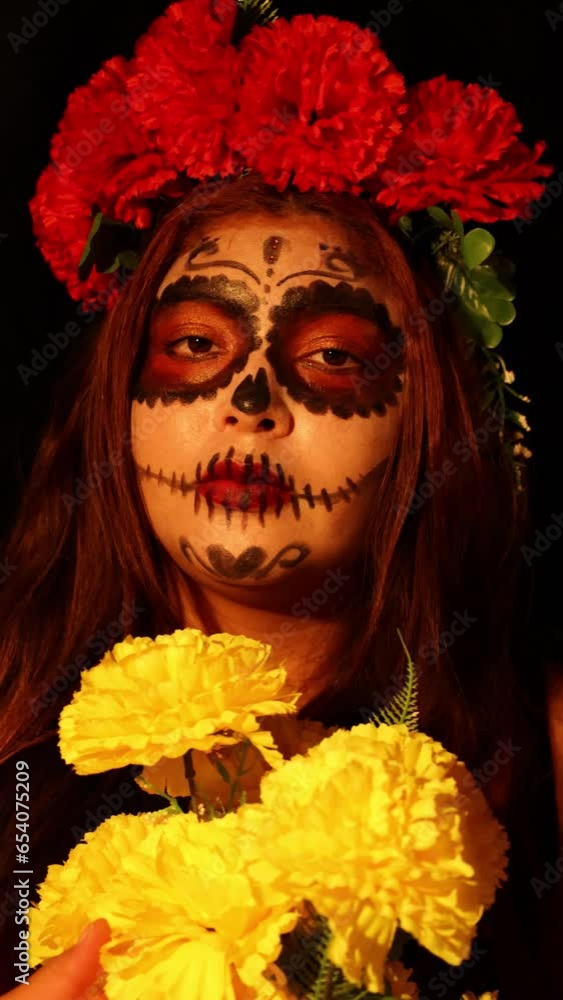 Woman dressed as catrina holding a bouquet of yellow flowers in her hands with day of the dead makeup on a dark background