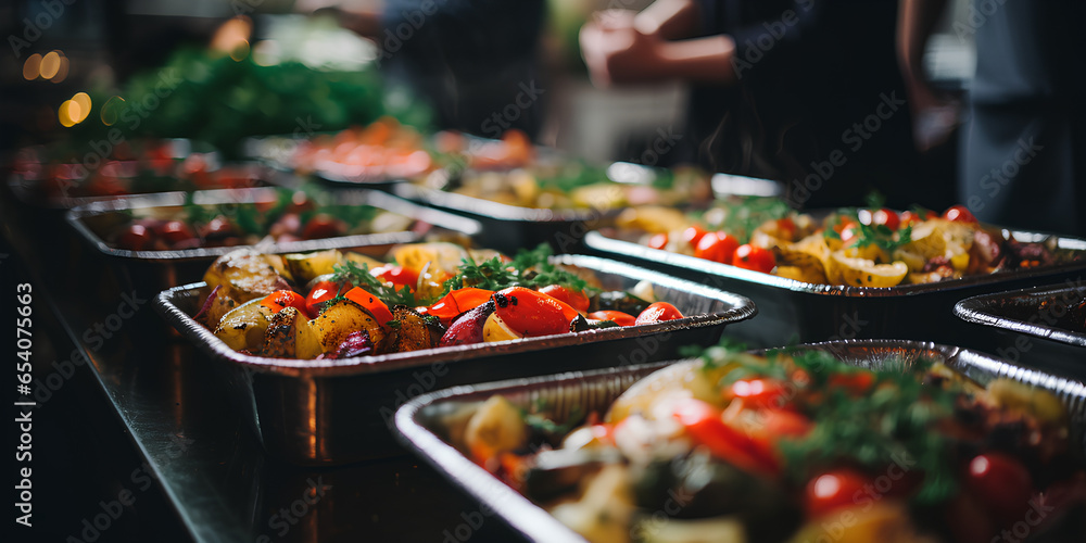 Fototapeta premium Gastronomic Joy: A Diverse Group of People Indulging in a Sumptuous Catering Buffet Inside a Stylish Restaurant