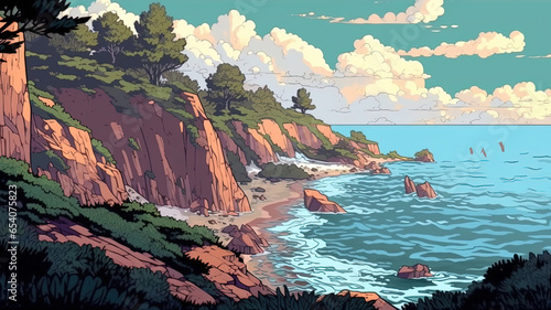 Picturesque coastal cliffs art. Fantasy concept , Illustration painting.