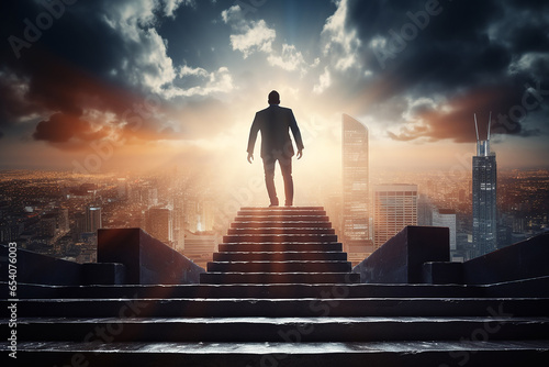 Silhouette of businessman on the top stairs with over cityscape background. Concept of leadership successful achievement with goal, winner, success and growth. Generative AI. © Surachetsh