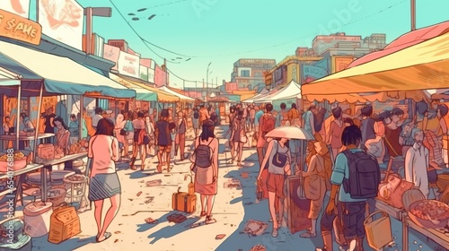 Open-air street food market. Fantasy concept , Illustration painting. © X-Poser