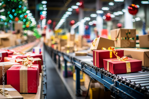 Closeup of multiple colorful fancy Christmas gift and presents moving along a conveyor belt in a warehouse fulfillment center, which decorated by christmas ornament. Generative AI. 