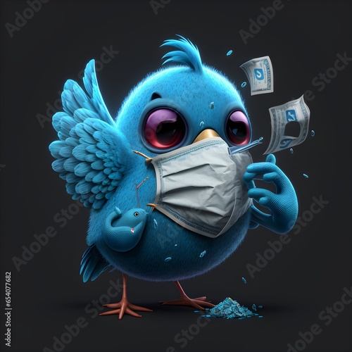 the twitter bird fighting a corona virus with a jab and money 