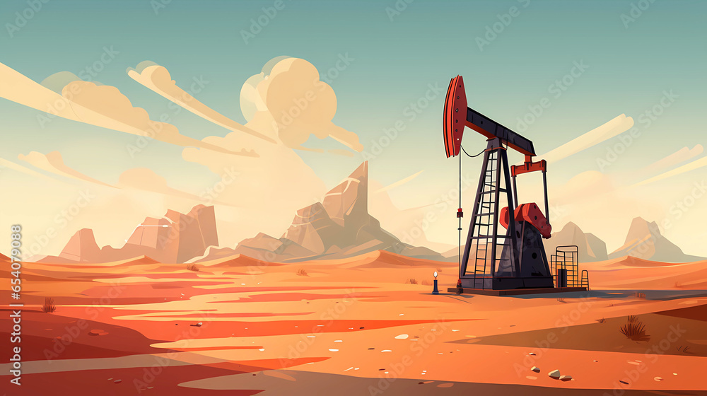 Hand drawn cartoon illustration of oil drilling platform in desert
 - obrazy, fototapety, plakaty 