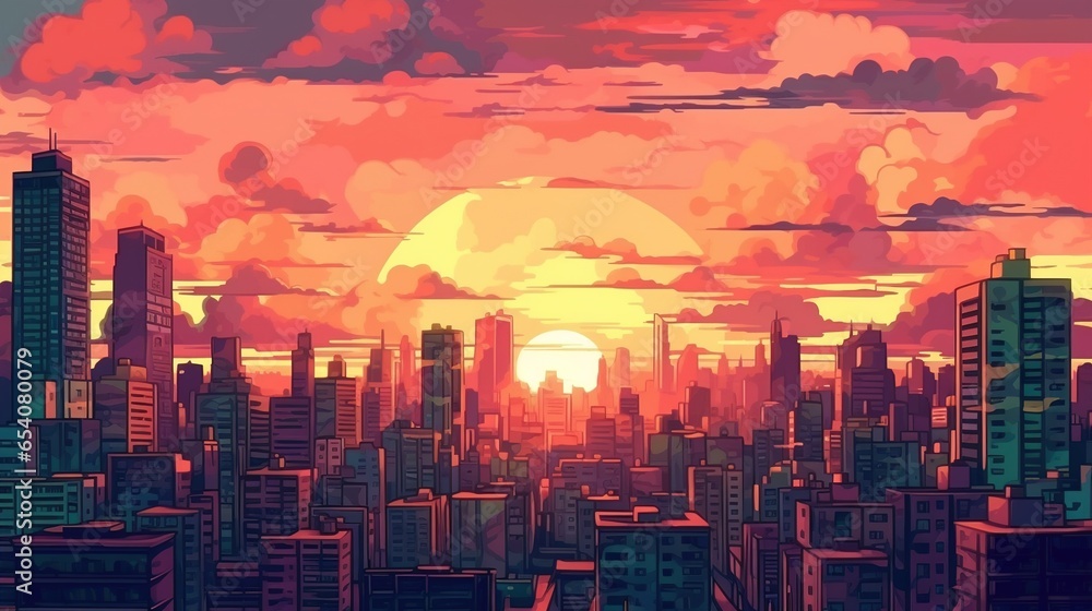 Fototapeta premium Modern city skyline at sunset. Fantasy concept , Illustration painting.