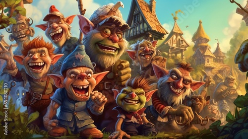 Mischievous goblins causing trouble in a whimsical village. Fantasy concept , Illustration painting.