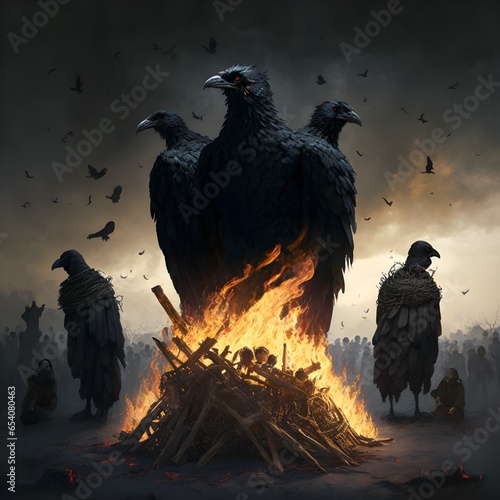 Bonafide bonfires rise crushed blackened bones combined with dated ideologies make the mortar for eons of empty empires facsimile flies being crowned by the cawing of crows herald in another age of  photo