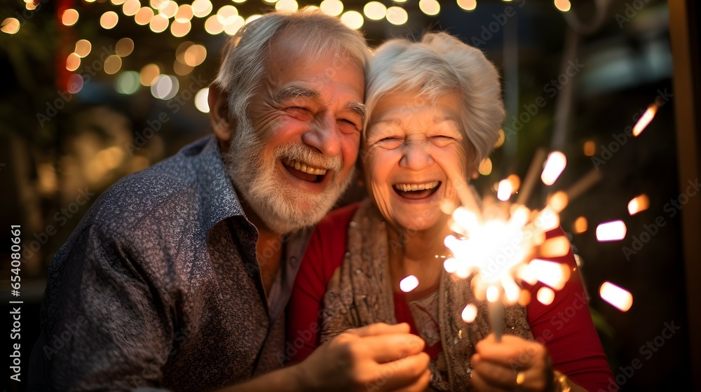 elderly couple celebrating with holiday sparkles