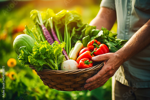 Closeup of a farmer hands holding a basket of organic vegetables,, emphasizing the natural farm-to-table process and healthy food