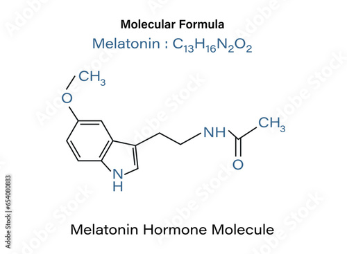 Chemical formula of Melatonin hormone role in circadian rhythm synchronization molecule skeletal vector illustration.