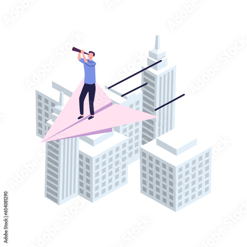 a man seeks up on a paper plane, achieving a goal, the path to success is motivation, career advancement, search for ideas, teamwork