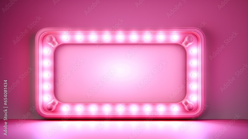 Fototapeta premium 3D Pink rectangular retro frame with glowing lamps on dark background.