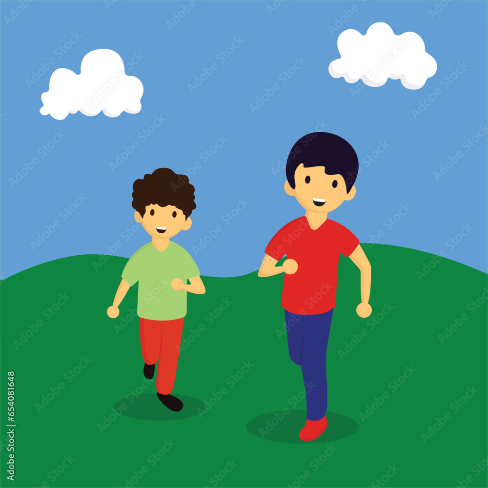 Vector illustration of brothers playing chase