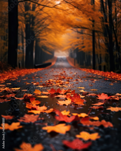 close up of fallen leaves covering the road, road in autumn