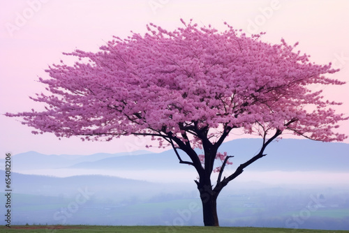 Pink cherry blossom tree in full bloom  dark trunk and branches  dreamy  peaceful