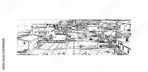 Building view with landmark of Sandbridge is the neighborhood in Virginia. Hand drawn sketch illustration in vector.