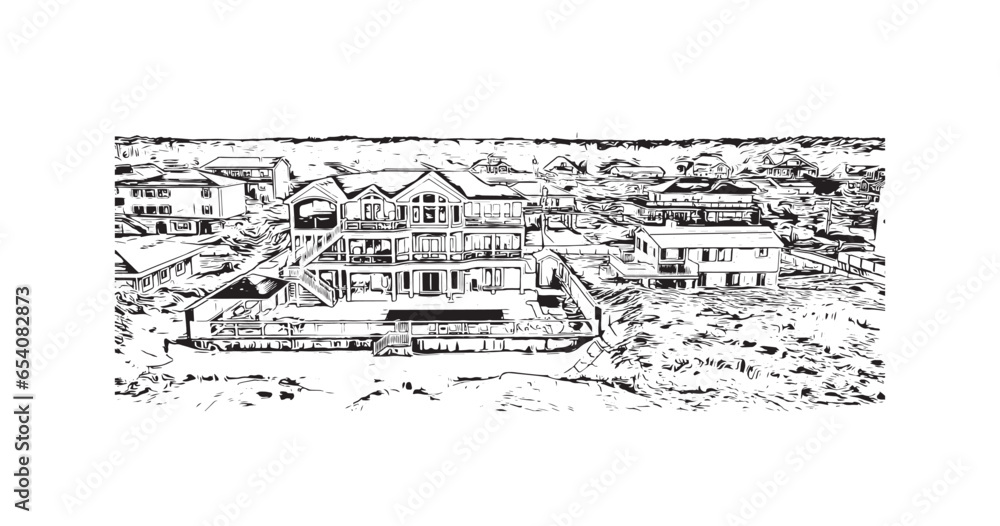 Building view with landmark of Sandbridge is the neighborhood in Virginia. Hand drawn sketch illustration in vector.