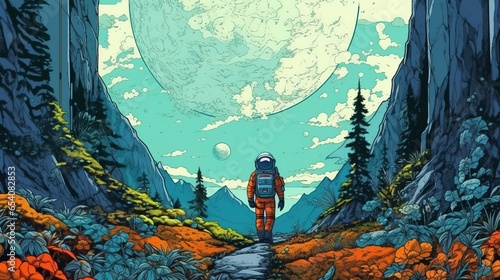 An astronaut walking on a new planet.. Fantasy concept , Illustration painting.