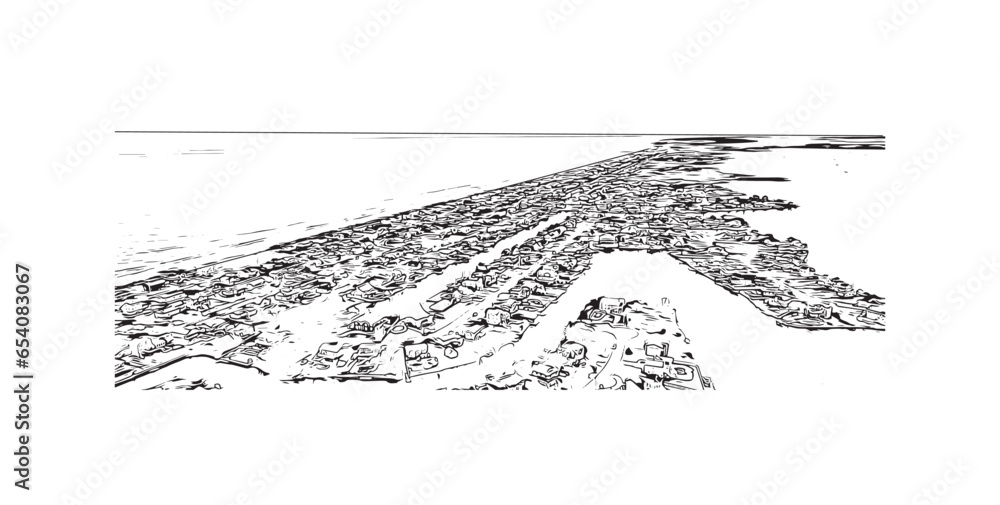 Obraz premium Building view with landmark of Sandbridge is the neighborhood in Virginia. Hand drawn sketch illustration in vector.